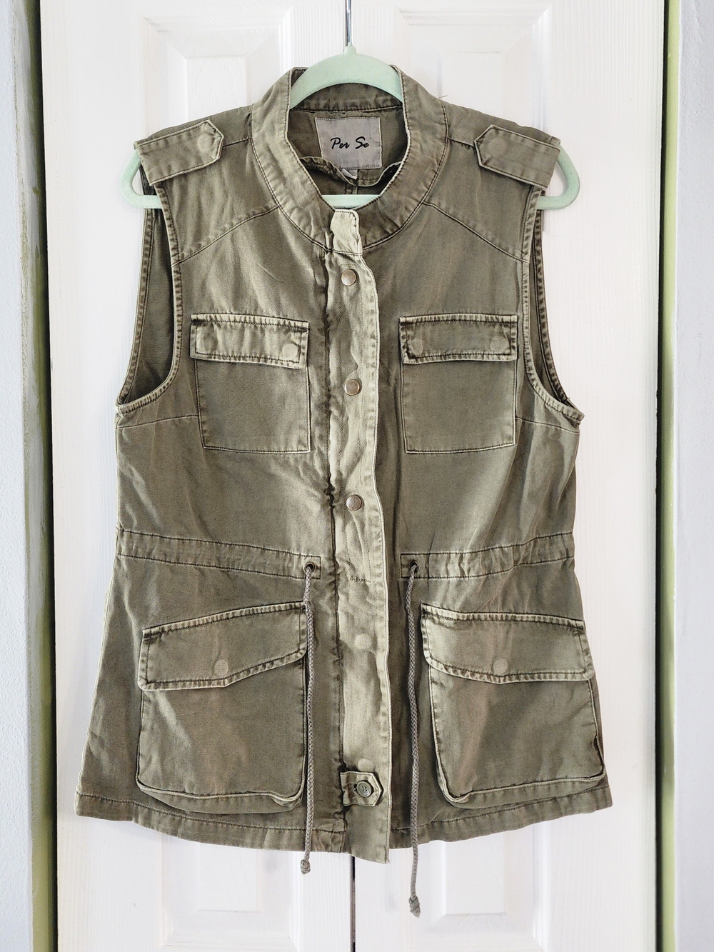Per Se Army Green Utility Vest with Front Pockets Cotton Blend Gorpcore